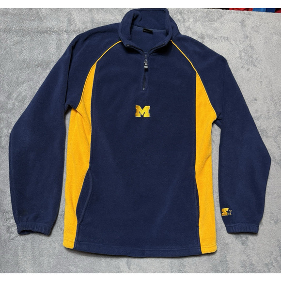 Starter University of Michigan Wolverines Quarter Zip Fleece Navy Maize Mens M - Picture 1 of 15